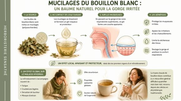 Infographie sur les mucilages du bouillon-blanc, aussi appelé molène, et leur action apaisante sur la gorge irritée lors d’un refroidissement - Herboristerie Sensathé
